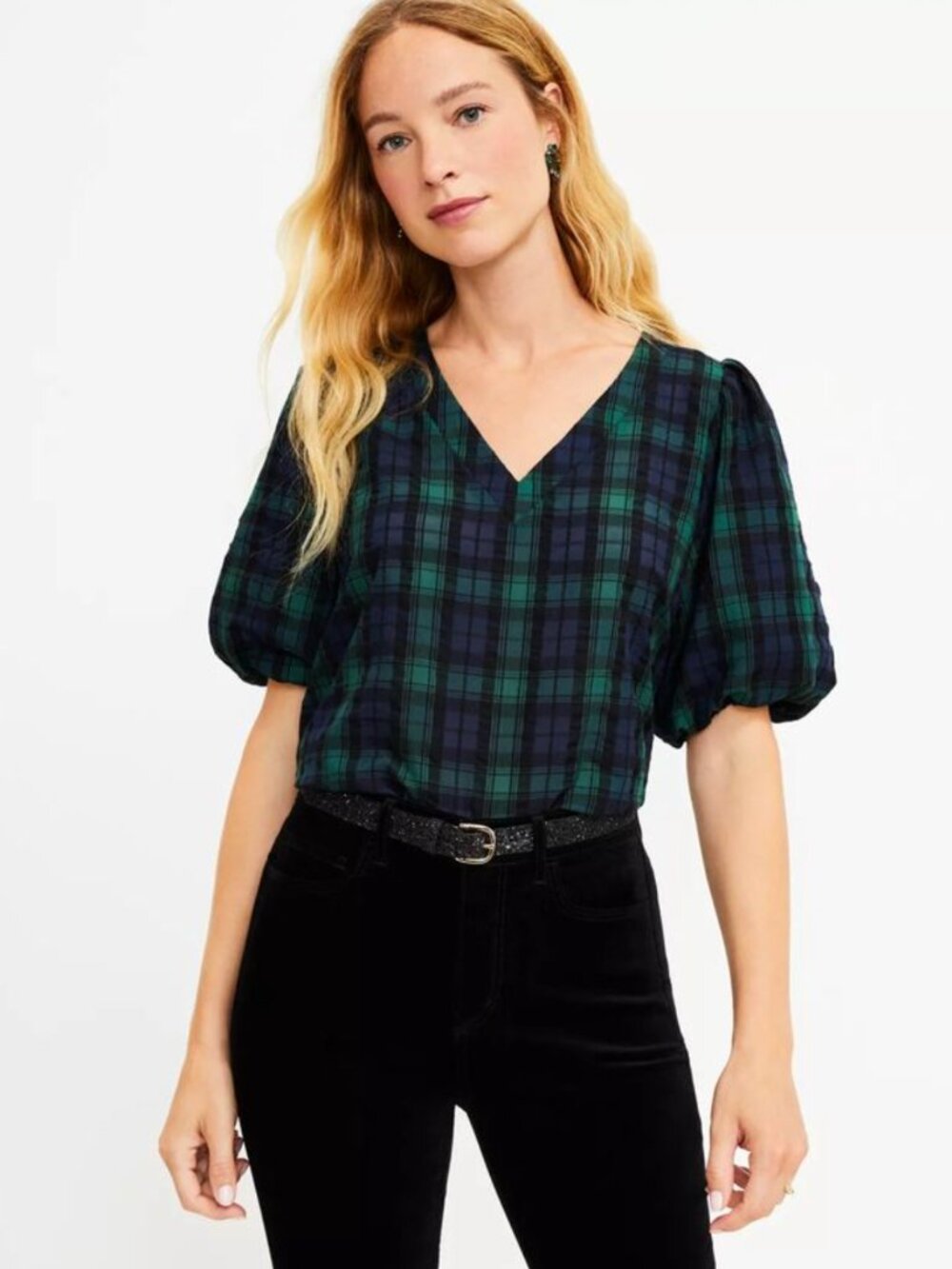 LOFT Ann Taylor Plaid‎ Puff Sleve Green/Navy Tartan V Neck Blouse XSP